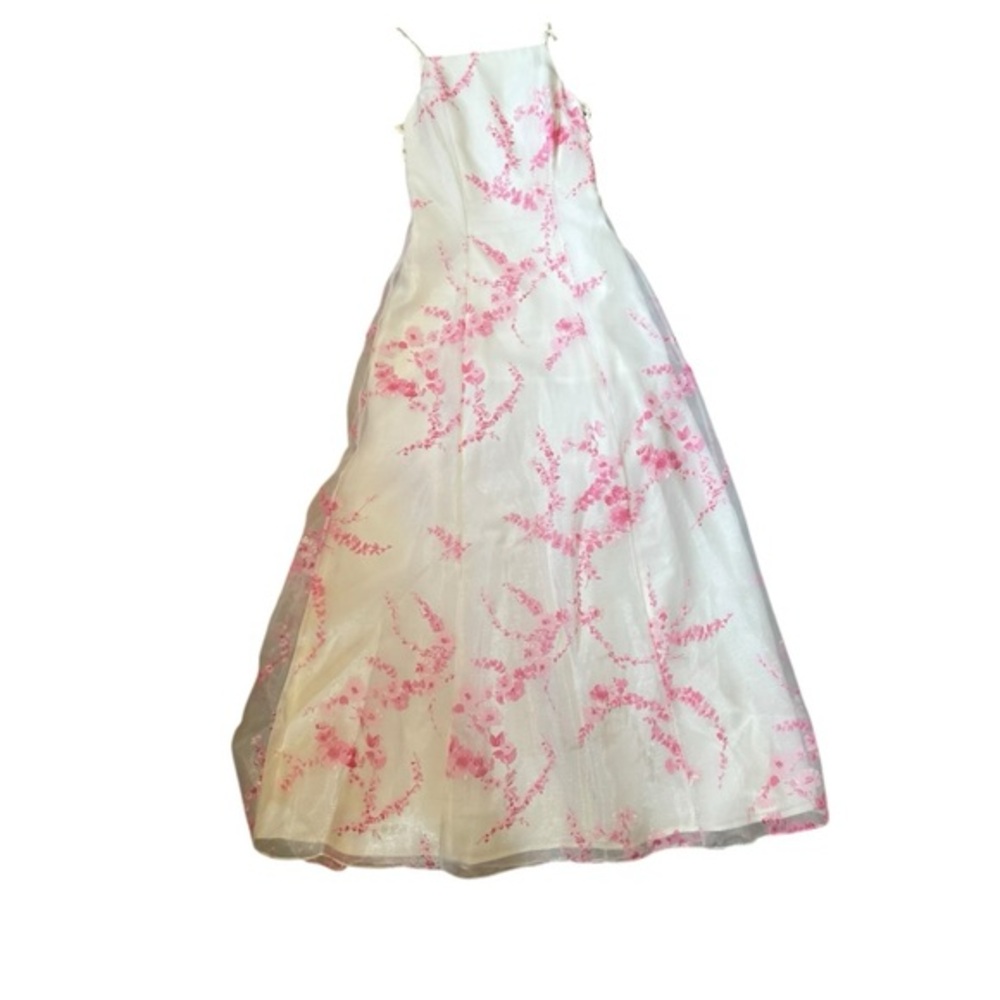VTG 90s USA Organza Formal A line Dress in White with pink flower print SZ 3/4 - Picture 7 of 9